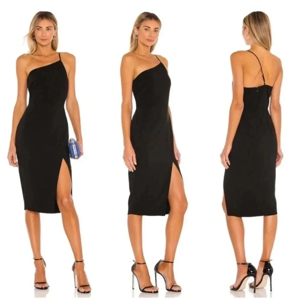 Lovers + Friends Lazo one shoulder strap black midi dress